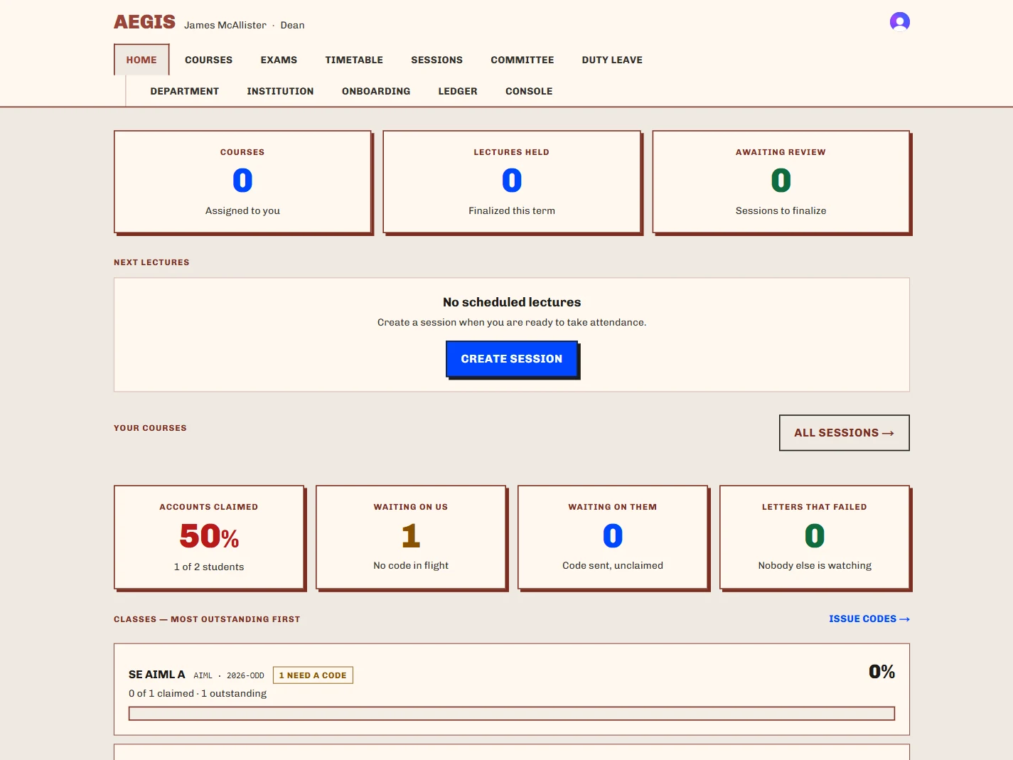 The Dean dashboard. Every department, sorted lowest attendance first, with any department expandable inline.