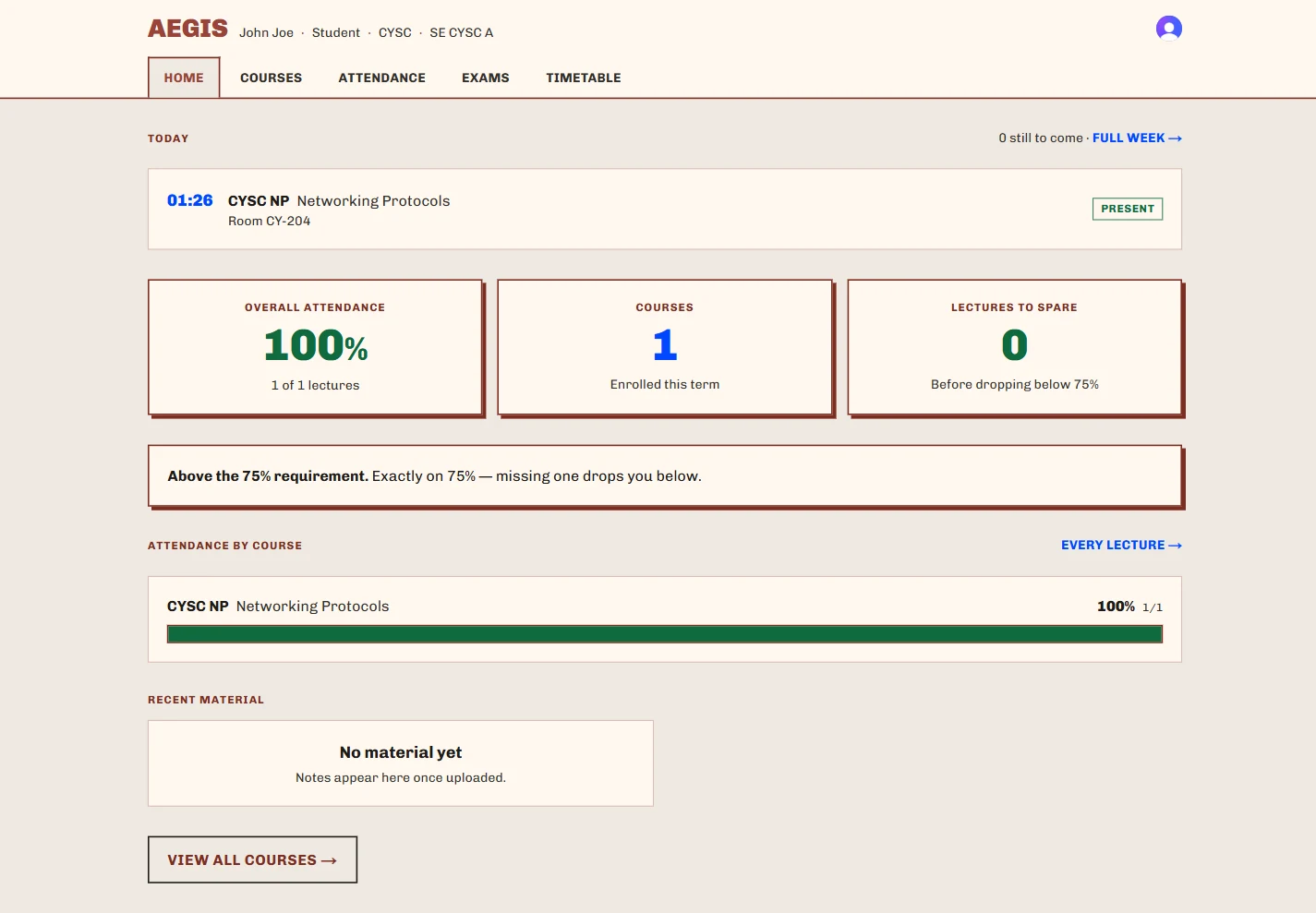 The Student dashboard. Standing against the 75% rule, stated concretely, and every attendance record they can verify themselves.